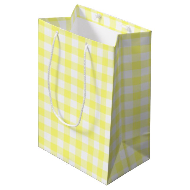 Gelb und Weiß Gingham Mittlere Geschenktüte (Vorderseite Schrägansicht)