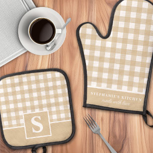 Gelb und weiß kariert, Gingham-Karo mit Monogramm Ofenhandschuh & Topflappen-Set