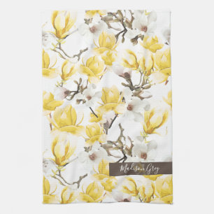 Gelb und Weiß Magnolia Blossom Wasserfarben Muste Geschirrtuch