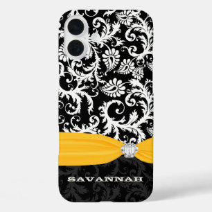 Gelb & Weiß Damast gedruckter falscher Rhinestone iPhone 16 Plus Hülle