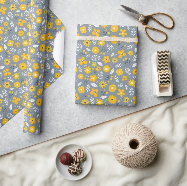 Gelb | weiß | graues Blumenpapier Geschenkpapier (Kunsthandwerk)