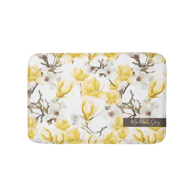 Gelb & Weiß Magnolia Blossom Wasserfarben Muster Badematte (Vorderseite)