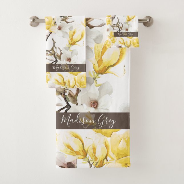 Gelb & Weiß Magnolia Blossom Wasserfarben Muster Badhandtuch Set (Insitu)