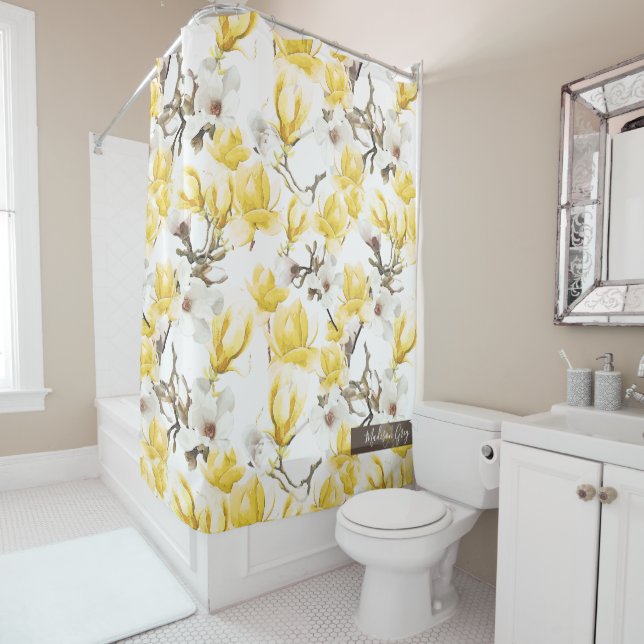 Gelb & Weiß Magnolia Blossom Wasserfarben Muster Duschvorhang (Beispiel)