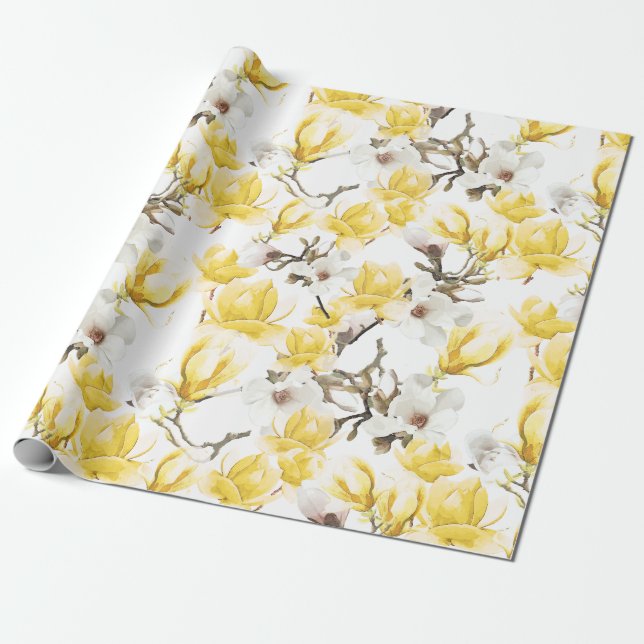 Gelb & Weiß Magnolia Blossom Wasserfarben Muster Geschenkpapier (Ungerollt)