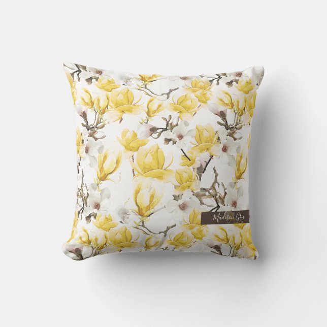 Gelb & Weiß Magnolia Blossom Wasserfarben Muster Kissen (Vorderseite)