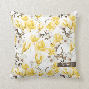 Gelb & Weiß Magnolia Blossom Wasserfarben Muster Kissen
