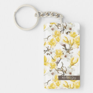 Gelb & Weiß Magnolia Blossom Wasserfarben Muster Schlüsselanhänger