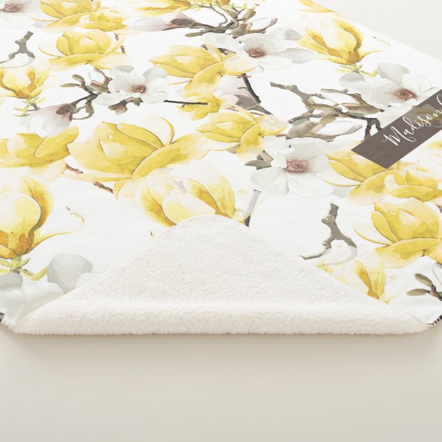 Gelb & Weiß Magnolia Blossom Wasserfarben Muster Sherpadecke (3/4)
