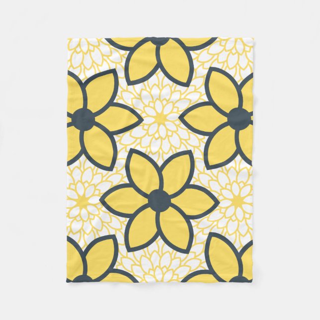 Gelb, Weiß und Holzkohle Moderne Blumen Fleecedecke (Vorderseite)