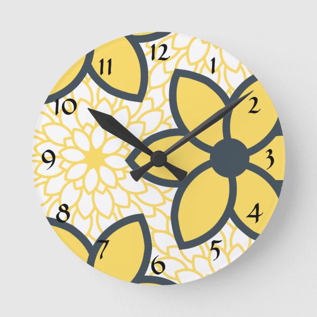 Gelb, Weiß und Holzkohle Moderne Blumen Runde Wanduhr (Vorderseite)