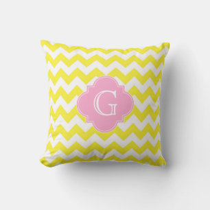 Gelb Weiße Chevron Rosa Vierblatt-Monogramm Kissen