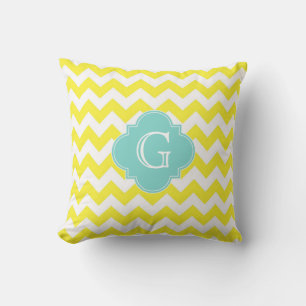 Gelb Weiße Chevron-Zickzack Aqua Vierblatt-Monogra Kissen