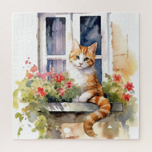 Gelb Weiße Katze Fenster Blumenkasten Malerei