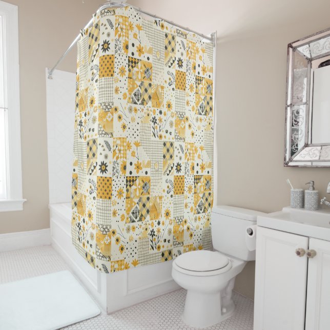 Gelb-weiße Patchwork-Quilt-Retroflora  Duschvorhang (Beispiel)