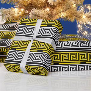 Gelb Weiße Schwarze Griechische Schlüssel-Fretten- Geschenkpapier
