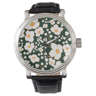 Gelb zentrierte weiße Blume und grüner Hintergrund Armbanduhr