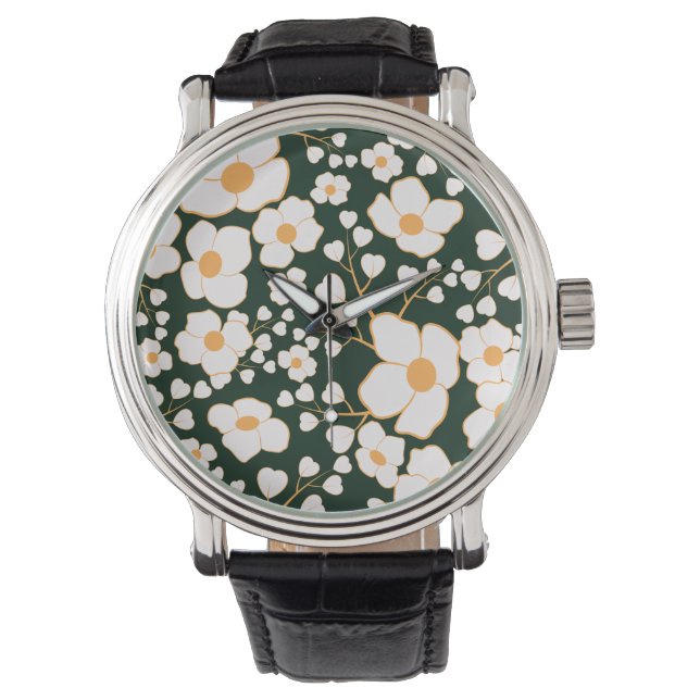 Gelb zentrierte weiße Blume und grüner Hintergrund Armbanduhr (Vorderseite)