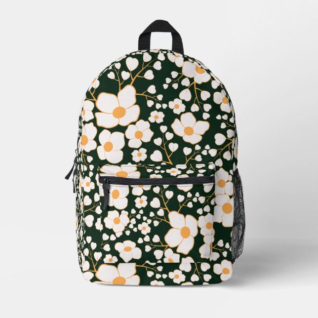 Gelb zentrierte weiße Blume und grüner Hintergrund Bedruckter Rucksack (Vorderseite)