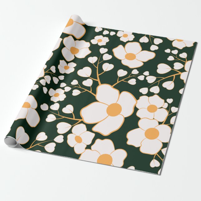 Gelb zentrierte weiße Blume und grüner Hintergrund Geschenkpapier (Ungerollt)