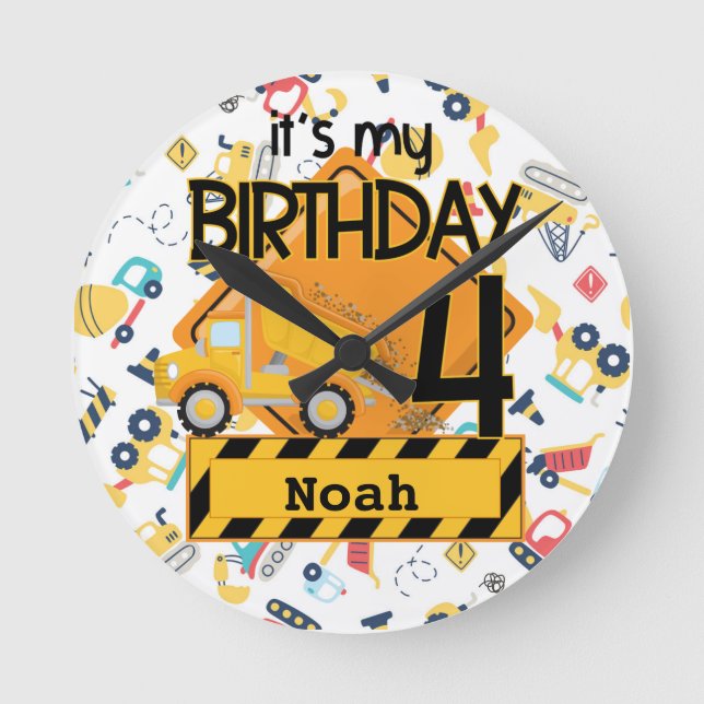 Gelbbauwagen zum 4. Geburtstag Runde Wanduhr (Vorderseite)
