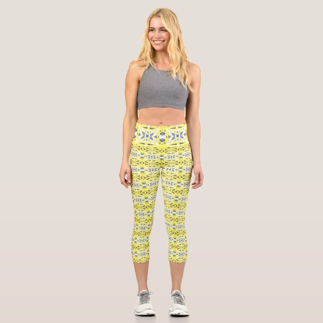 Gelbblau-graues geometrisches Deko-Muster Capri Leggings (Vorderseite)