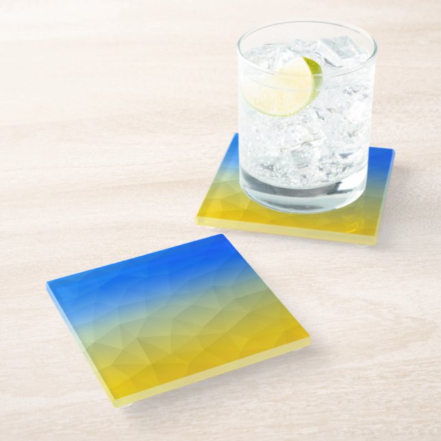 Gelbblaues geometrisches Muster Glasuntersetzer (Schrägansicht)