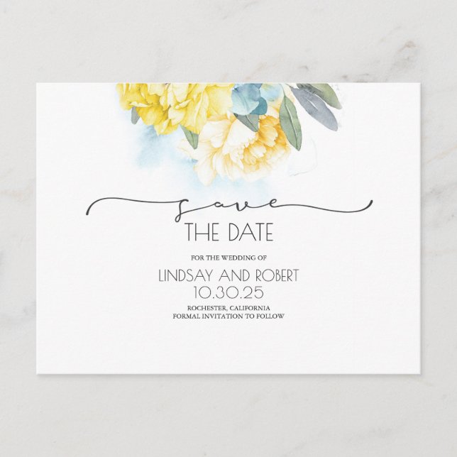 Gelbblütenweich Save the Date blau Ankündigungspostkarte (Vorderseite)