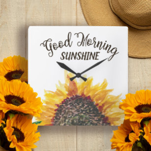 Gelbbraun Sonnenblume Weiß Guten Morgen Sonnensche Quadratische Wanduhr