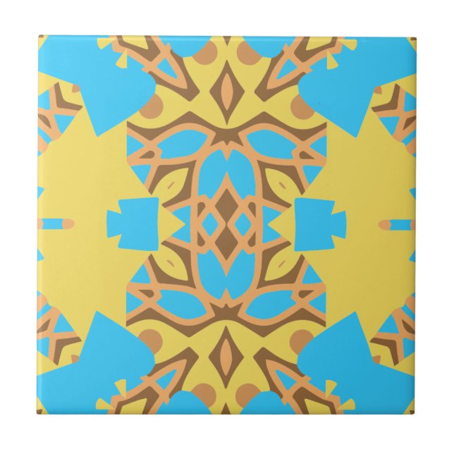 Gelbbraun und türkisfarbenes Ethnic Boho Muster Fliese (Vorderseite)