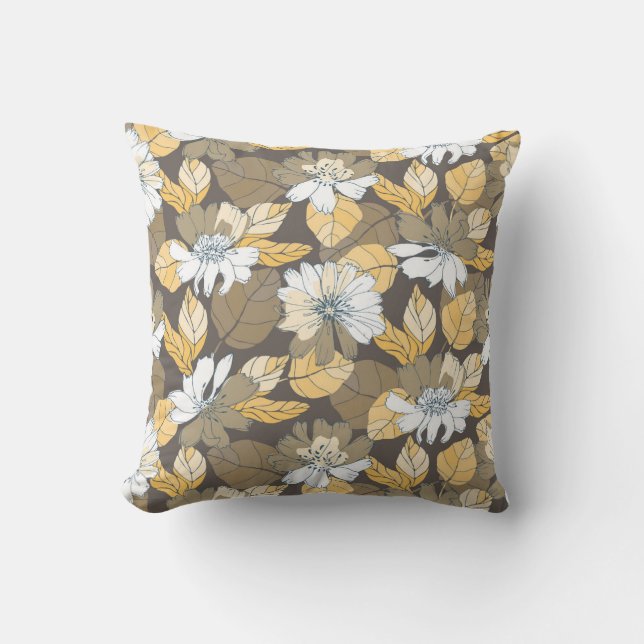 Gelbbraun, Vintage Hand gezogene Blätter mit Blume Kissen (Vorderseite)
