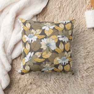 Gelbbraune Vintage-Handzeichnung von floralen Blät Kissen