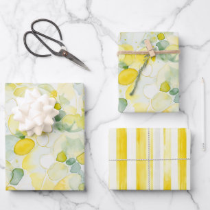 Gelbe abstrakte Zitronenstreifen Brautparty Geschenkpapier Set