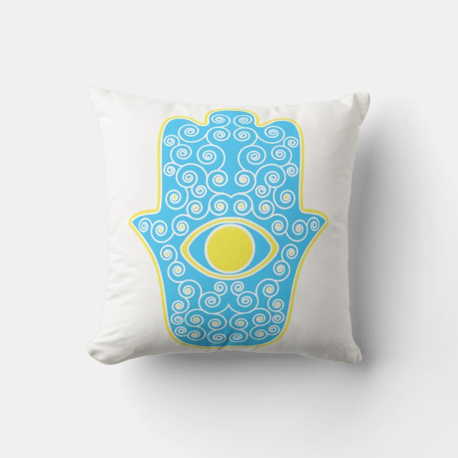 Gelbe aquamarine Hamsa-Hand der Miriam-Hand von Kissen (Vorderseite)