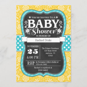 Gelbe aquamarine Tafel-laden Blumenbaby-Dusche ein Einladung