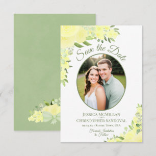 Gelbe Aquarell-Blumen-Oval-Foto-Hochzeit Save The Date