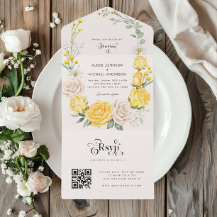 Gelbe Aquarell-Rosen-Blumen & moderne Typografie All In One Einladung