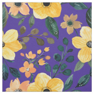 Gelbe Aquarellblumen Blau Lila Botanisch Stoff