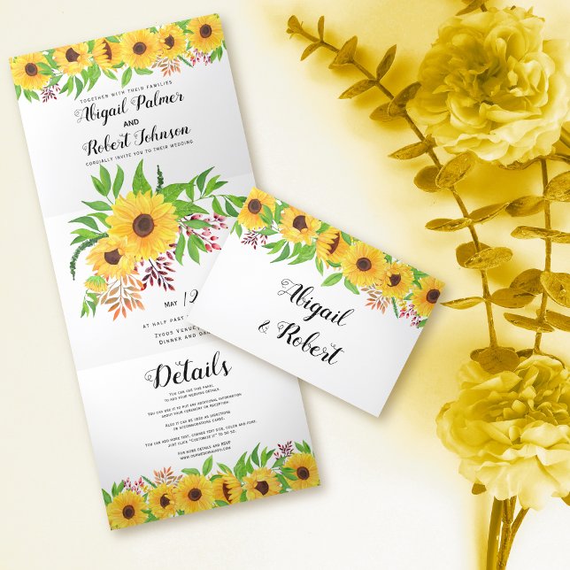 Gelbe Aquarellblumen Blütenhochzeit Dreifach Gefaltete Einladung (Von Creator hochgeladen)