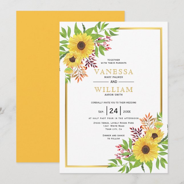 Gelbe Aquarellblumen, Goldrahmen-Hochzeit Einladung (Vorne/Hinten)