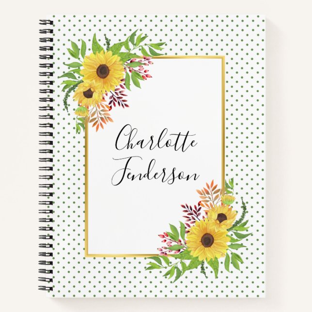 Gelbe Aquarellblumen, Rahmen- und Polka-Punkte Notizbuch (Vorderseite)