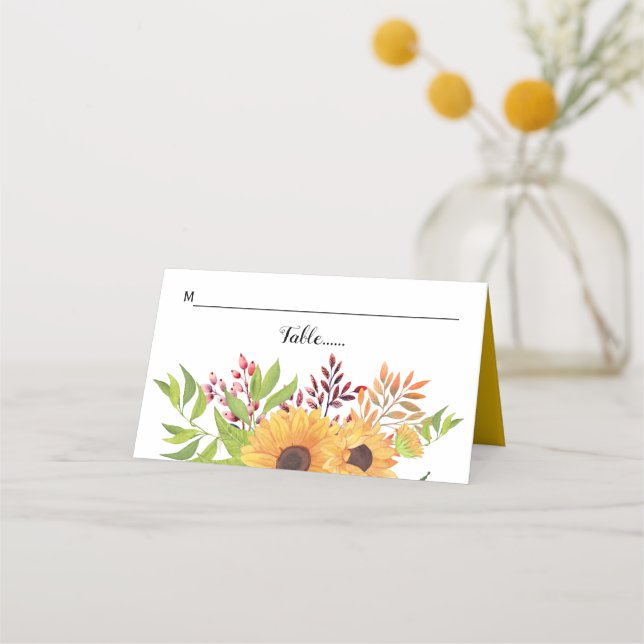 Gelbe Aquarellblumen und Blätter Hochzeit Platzkarte (Vorderseite)