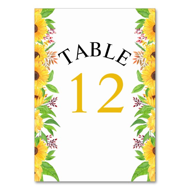 Gelbe Aquarellblumen und Blätter Hochzeit Tischnummer (Vorderseite)