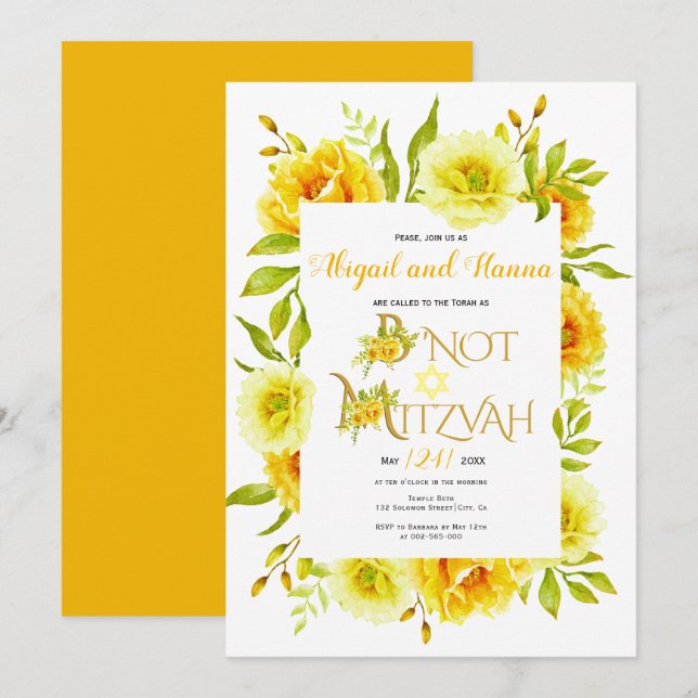 Gelbe Aquarellfarben Blume floral B' not Mitzvah i Einladung (Vorne/Hinten)