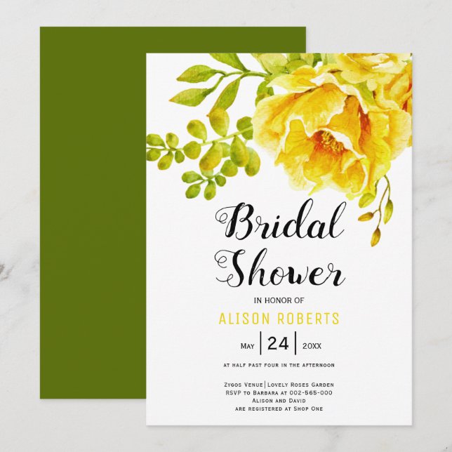 Gelbe Aquarellfarben Blume Hochzeit Brautparty Einladung (Vorne/Hinten)