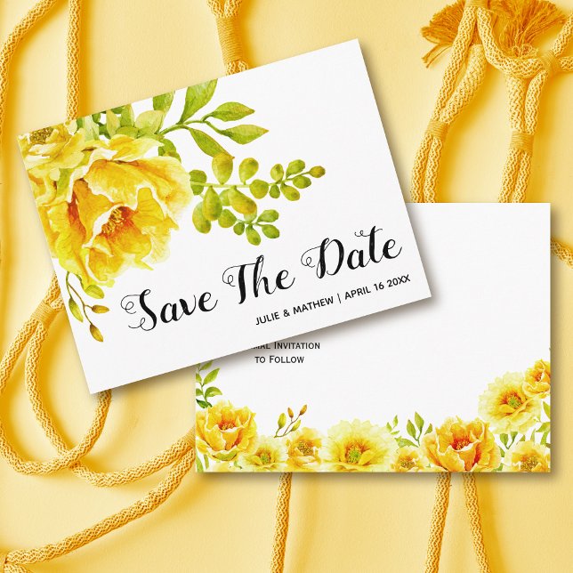 Gelbe Aquarellfarben Blume Hochzeit Speichern Sie  Ankündigungspostkarte (Von Creator hochgeladen)
