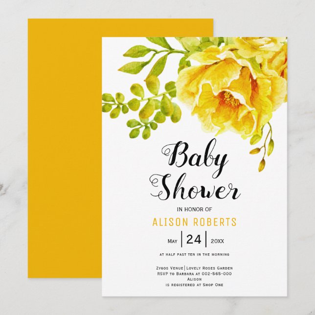 Gelbe Aquarellfarben Blume und Blätter Babydusche Einladung (Vorne/Hinten)