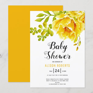 Gelbe Aquarellfarben Blume und Blätter Babydusche Einladung