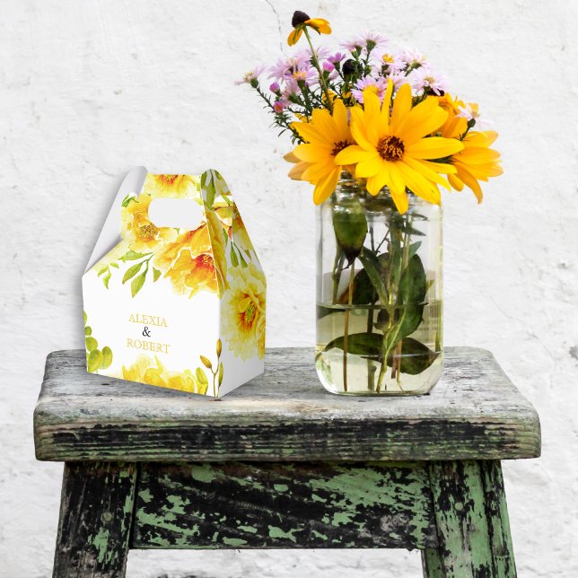 Gelbe Aquarellfarben Blume und Blätter Hochzeit Geschenkschachtel (Von Creator hochgeladen)