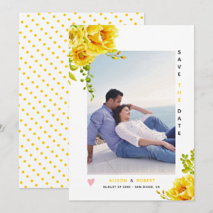 Gelbe Aquarellfarben, grüne Blätter und Foto Save The Date